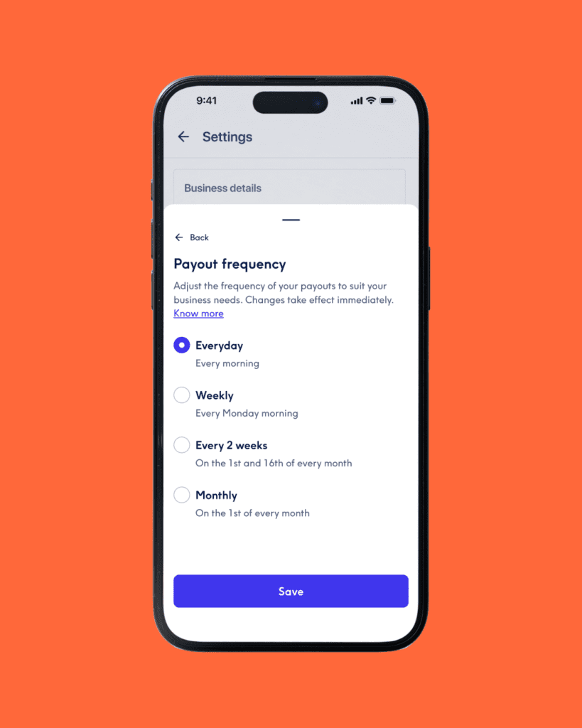 A graphic of a smartphone against a solid orange background. The screen shows the 'Payout frequency' settings within the Treatwell app, with the 'Everyday' option selected. Other visible options include Weekly, Every 2 weeks, and Monthly.